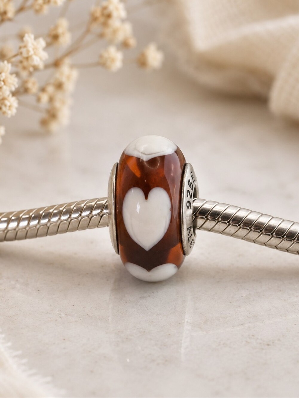 Pandora Amber Murano‎ Glass White Hearts Charm 925 ALE Retired Rare Bead